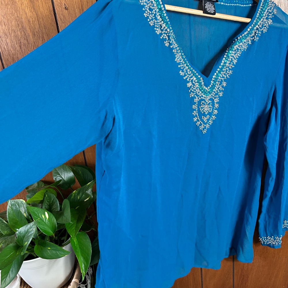 Vintage NY Collection 100% Silk Blue Beaded V Neck Tunic Top Shirt Blouse Boho - Picture 2 of 6